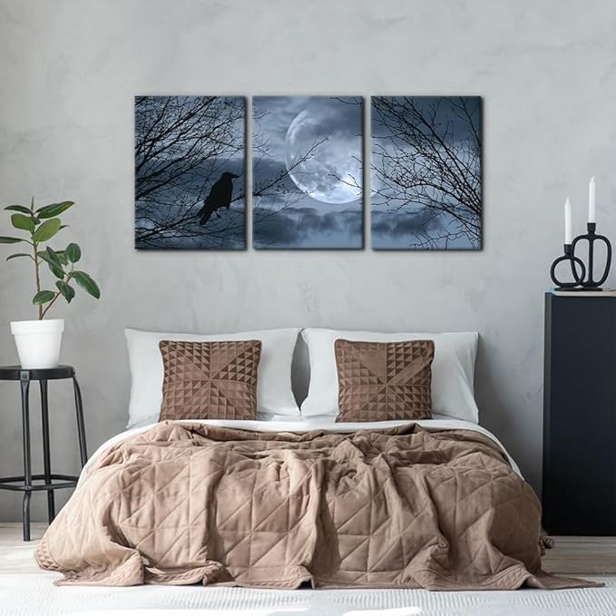 Pacimo 3 Pieces Canvas Art Wall Decor Full Moon Halloween Pictures Black and White Wall Art Painting Prints on Canvas Modern Artwork Stretched and Framed Ready to Hang - 20"x28"x3 Panel
