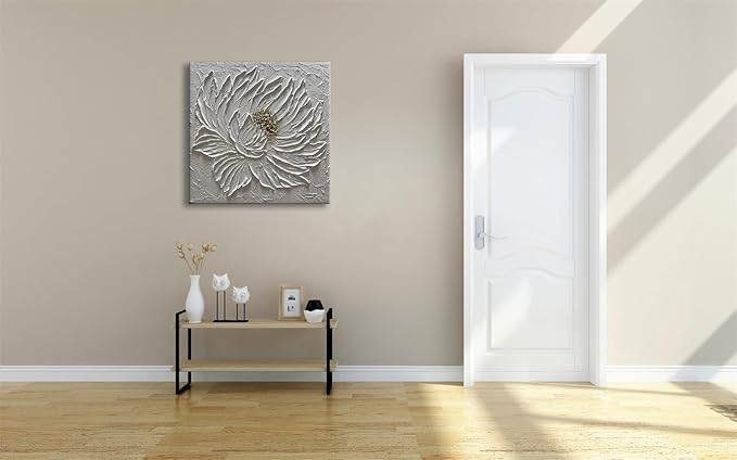 Slyart Handmade White 3D Floral Canvas Wall Art 24x24 Inches Abstract Flower Paintings Modern Contemporary Texture Wall Art White Artwork for Home Decorations