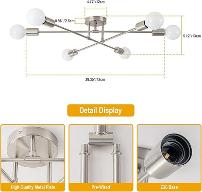 6-Light Modern Sputnik Chandeliers, Silver Mid Century Semi Flush Mount Ceiling Light Fixtures with E26 Base, Industrial Vintage Kitchen Farmhouse Light for Dining Room Bedroom Living Room