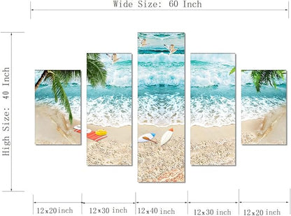 Surfing Waves Beach Picture Paintings Canvas Wall Art for Living Room Bedroom Home Decor Prints and Posters Modern Seascape Landscape 5 Panels Framed Stretched Gallery Wrap Giclee (60''W x 40''H)