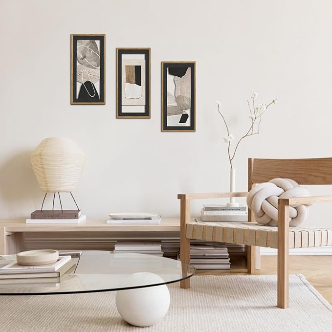IARTTOP Neutral Abstract Wall Decor Set of 3 Beige Grey Black Brown Wall Art Framed Mid Century Modern Tone Minimalist Artwork Textured Abstract Painting for Walls Bedroom Office 8x16Inch