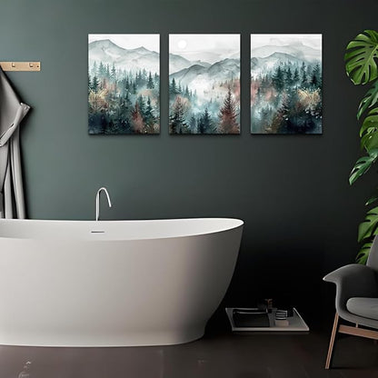 TTHYUEWS Farmhouse Wall Art For Bedroom Wall Decor For Living Room Wall Pictures for Office Fog Forest Mountain Landscape Watercolour Painting Artwork Modern Home Decorations Ready To Hang 3 Piece