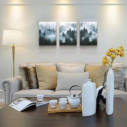 DZRWUBHS Canvas Wall Art - Modern Family Decor For Living Room, Bedroom & Office - Foggy Forest Trees Landscape Wall Painting - 3 Piece Set