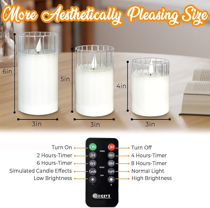 LEDHOLYT Rechargeable Flameless Glass Pillar Candles – Remote & Timer – Set of 3 White Stripes Realistic Flickering LED Light, Ideal for Living Room, Bedroom & Holiday Décor& Gifts for Women