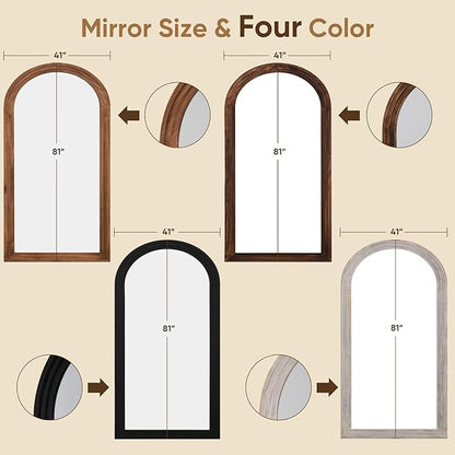 Full Length Mirror, 81"x41" Wooden Mirror Full Length with Stand Wood Floor Mirror, Oversized Stand Up Mirrors Large Wall Mirrors, Wall Mounted Mirrors, Arched Wood Style, Black