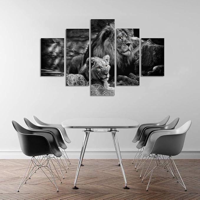 Yatsen Bridge Modern Lion and Lioness Canvas Wall Art 5 Panels Black and White Lions Painting Prints on Posters Easy to Hang for Home Decor - 60''W x 40''H