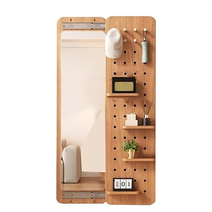 Full Length Mirror with Shelf and Hooks,Hide Wall Mounted Mirror,Sliding Pegboard Wood Mirror, for Entryway, Living Room,Bedroom,Dressingroom, Decor (Natural Wood Color)