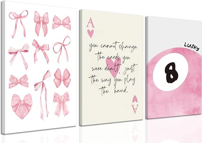Trendy Pink Bows Canvas Wall Art Set of 3, Vintage Preppy Lucky 8 Ball Wall Decor, Pink Girly Room Aesthetic Posters Prints Painting for College Apartment Living Room Bedroom Framed 12x16 In