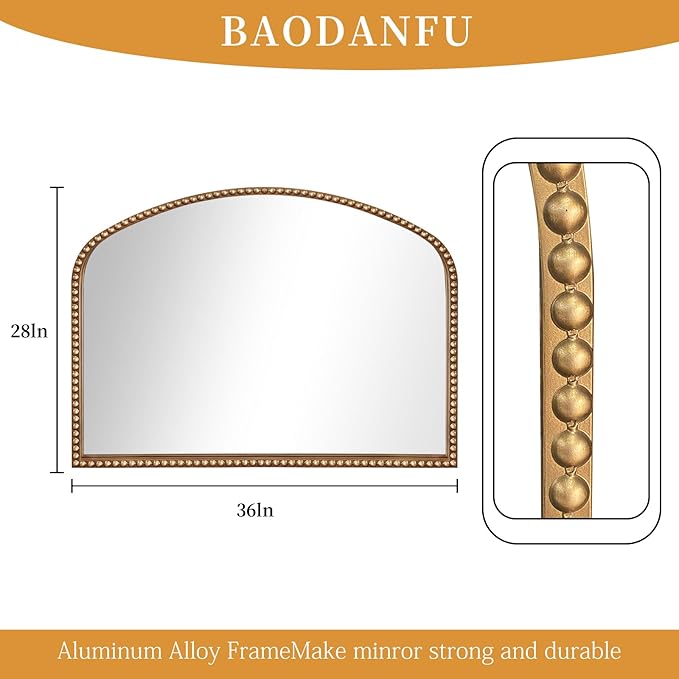 BAODANFU Vanity Mirror for Bedroom, 35" x 28" Large Arch Vintage Gold Wall Mirror, Beaded Frame Decorative Accent Mirrors for Washroom, Living Room, Entryway, Bathroom, Fireplace