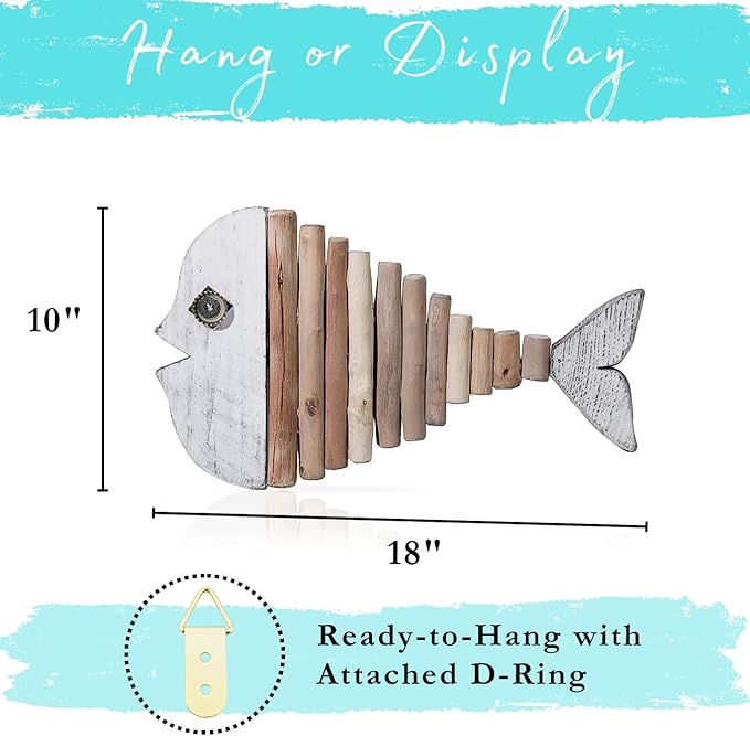 Driftwood Fish Nautical Wall Decor - Handmade Wooden Rustic Coastal Wall Art for Living Room, Bedroom, Office, Bathroom - Ocean Beach Decoration (Opal)