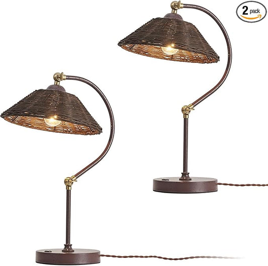 2 Pack Woven Rattan Table Lamp, Boho Plug in Handmade Rattan Shade & Anti-Rust Iron Base Desk Lamp, Plug & Play Vintage Dark Brown Bedside Lamp for Living Room, Office, Bedroom 【Bulb Included】
