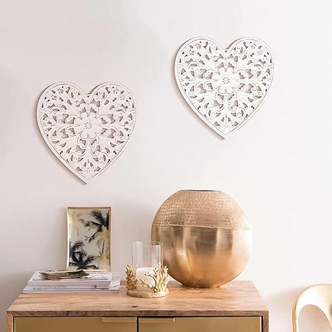 Wooden Wall Decor, Floral Hollow Carved Wall Panel Hanging Decor Rustic Art Sculpture Decorative Carved Floral-Patterned Distressed White MDF Wall Panel for Hallway Bedroom Cafe Office (Heart)