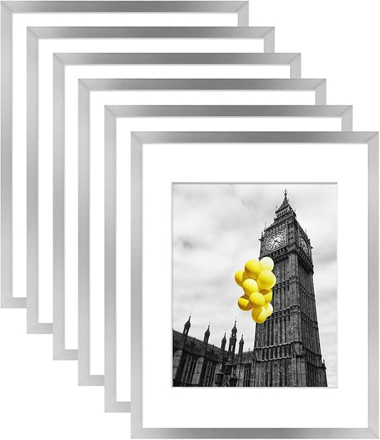 11x14 Picture Frame Set of 6 with Plexiglass, Display Pictures 8x10 with Mat or 11x14 Without Mat for Tabletop Display and Wall Mounting, Silver