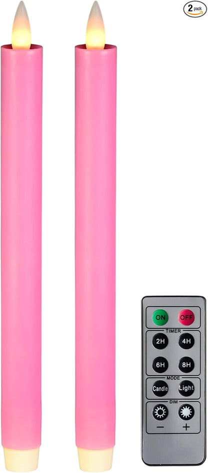 Flameless Taper Candles Flickering with Remote and Timer, 3D Moving Flame Taper Candle Battery Operated to 400 Hours, 9 Inch Window Candles, (Pink)