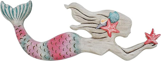 Veclotch Wood Mermaid Nautical Beach Wall Decor, Rustic Mermaid Wooden Hanging Coastal Wall Art Sculpture for Home, Lake House, Ocean Bathroom Decor, White,pink,aqua