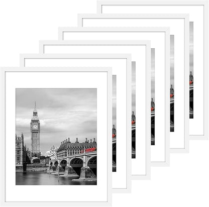 Fixwal 11x14 Picture Frame Set of 6 with Shatter Resistant Plastic Glass, Thin Border and Light Weight Photo Frames for Wall, Gift for Mother's Day, Father's Day, White