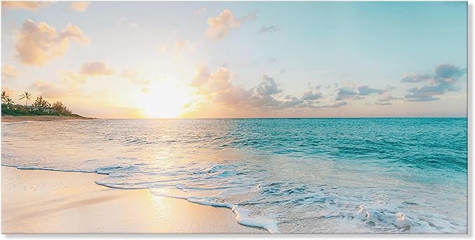 Goldfoilart Ocean Beach Sunset Canvas Wall Art for Bedroom Seascape Paintings Coastal Picture Framed Artwork for Bathroom Living Room Office Wall Decor 20" x 40"