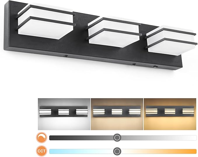 GOODATE 3 Color Temperature Dimmable Bathroom Light Fixtures Over Mirror, LED Black 3 Light Vanity Lighting Fixtures, Acrylic Stainless Steel Square Shade Vanity Lights for Bathroom, ETL Certificated