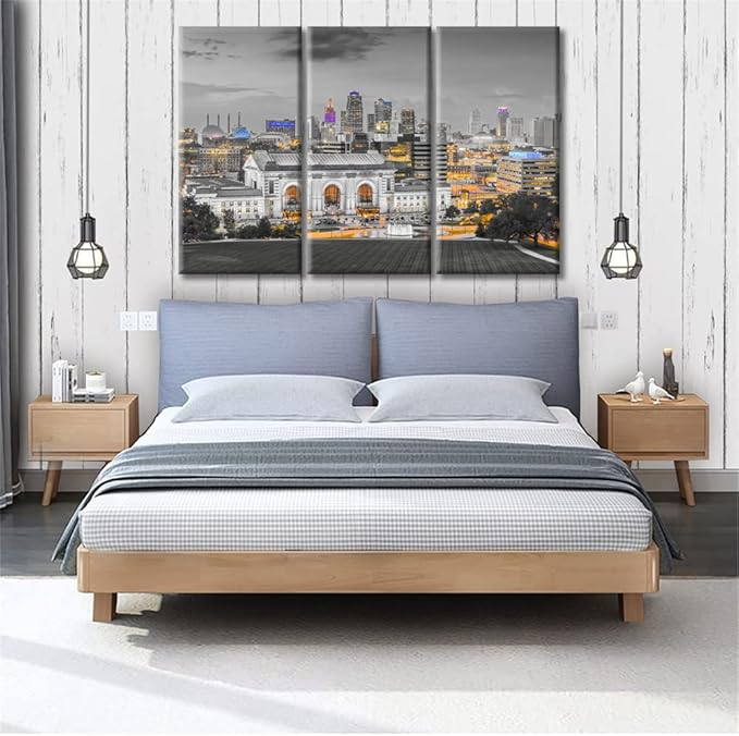 American Cityscape Home Decor Posters and Prints Kansas City Missouri Skyline of Monuments and Highways Wall Art for Living Room 3 Pieces Black and White Wall Art Framed Ready to Hang (42"Wx28"H)