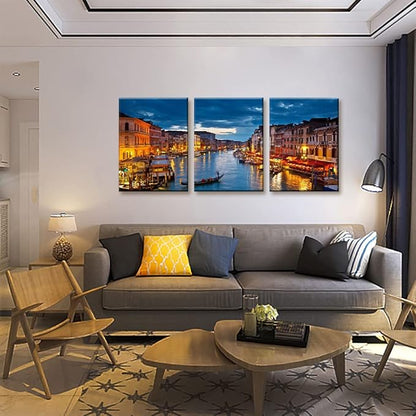 Pacimo Venice Night View 3-Piece Waterproof Watercolor Wall Art, Modern Canvas Prints - 16 x 36 inch, Ready to Hang - Living Room Decor