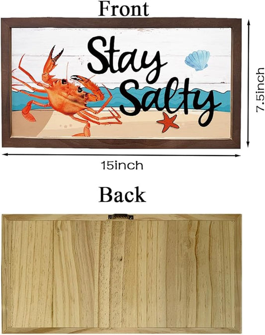 Crab Decor, Coastal Wall Decoration, Decorative Wooden Signs and Plaques, Wood Decorations for Home or Beach House, Seaside Cottage Decors, Wooden Framed Wall Decor, Stay Salty Sign 15×7.5×0.3 inches