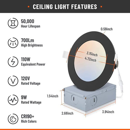 2 Pack Recessed Lighting 4 Inch with Junction Box, 5CCT 4 Inch Black LED Recessed Lights Dimmable 2700K/3000K/4000K/5000K/6000K, 9W 700lm Ultra Thin Recessed Lighting - ETL and Energy Star Certified