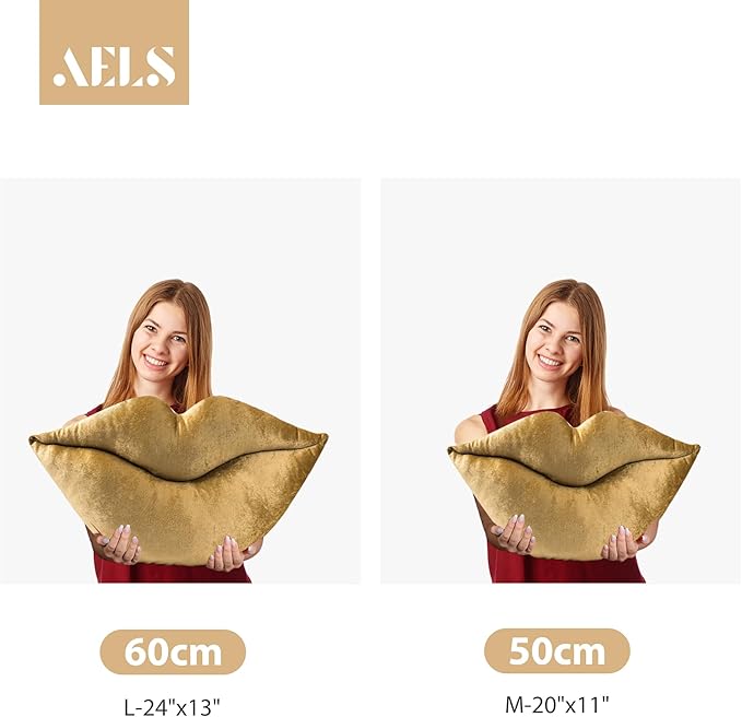 AELS 3D Lips Throw Pillows Smooth Soft Velvet Decorative Throw Pillows Love Pillows Cute Pillow 20 X 11 inches for Couch Sofa Bed Living Room Bedroom, Gold