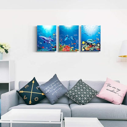 blue ocean fish 3 Pieces Framed Wall Art for Living Room Bathroom Wall Decoration Canvas Print Children's Bedroom Wall decor Office Kitchen Home Decoration Underwater World Watercolor Painting
