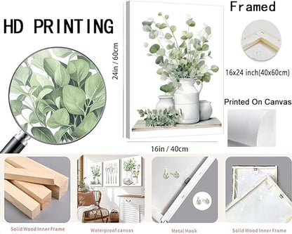 YFvrPt Sage Green Kitchen Wall Art Set of 3, Eucalyptus Leaves Plant Dining Room Painting Wall Decor, Boho Botanical Canvas Poster Print Farmhouse Pictures for Home Decoration Framed 16"x24"