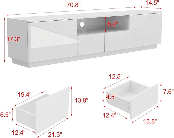 70” LED TV Stand, High Gloss TV Stand with Lights, Modern Glossy Media Console with 4 Drawers & Open Shelf, Entertainment Center for Living Room White, 14.5”D x 70.8”W x 17.3”H