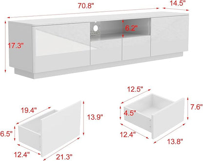 70” LED TV Stand, High Gloss TV Stand with Lights, Modern Glossy Media Console with 4 Drawers & Open Shelf, Entertainment Center for Living Room White, 14.5”D x 70.8”W x 17.3”H