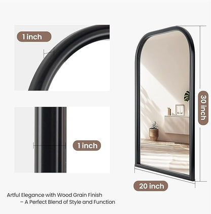 Arch Wall Mirror for Wall Mounted, Tempered Glass, Wood Grain Finish Frame Wall Mirror Decorative for Bedroom Living Room Vanity Mirror (Black, 30" L x 20" W)