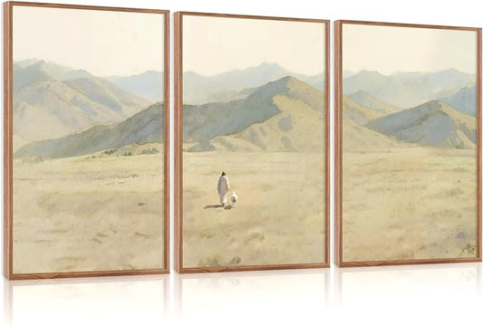 CHDITB Jesus Leaves The 99 Parable of The Lost Sheep Framed Canvas Wall Art(24"x36"), 3 Panels Boho Mountain Nature Landscape Artwork Prints, Large Religious Christian Bible Story Faith LDS Gift Decor for Home Office Bedroom