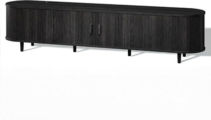 80" Mid Century Modern TV Stand, Wood TV Consoles with Sliding Doors and Power Outlet, Fluted Entertainment Center with Adjustable Shelves, Media Console for Living Room, Black