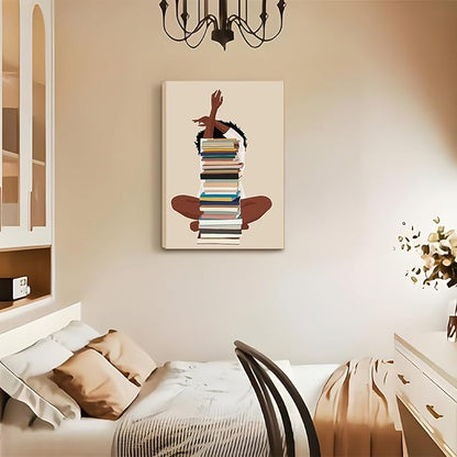 AKWISH Black Girl Canvas Wall Art - African American Wall Decor, Modern Black Woman with Book Art for Bedroom Living Room - Framed 16x24 inch