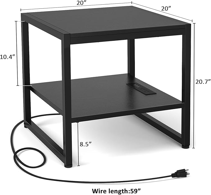 Homieasy End Table with Charging Station, 20" Mini Fridge Stand with Power Outlets, Heavy Duty Side Table for Living Room, Small Table Stand & Fridge Table, Black