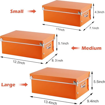 SEEKIND photo boxes storage, storage boxes with lids and Handles, 3 in 1 Set, Multiple Size(Small/Medium/Large) Plastic Box for Photos, tax papers, Cosmetic, Socks, Snacks, Etc(Orange)