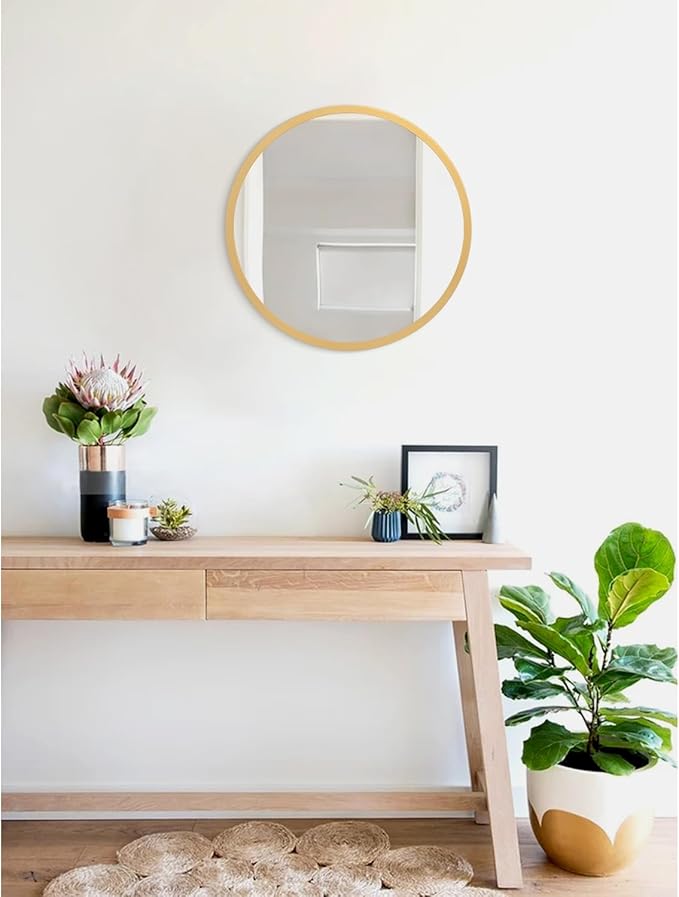 JJUUYOU Wall Mirror 24 Inch Round Wall Mirror for Bathroom Antique Circular Mirrors Washroom Wall Decor Wood Frame Mirrors for Living Room Bedroom Dorm Decorative