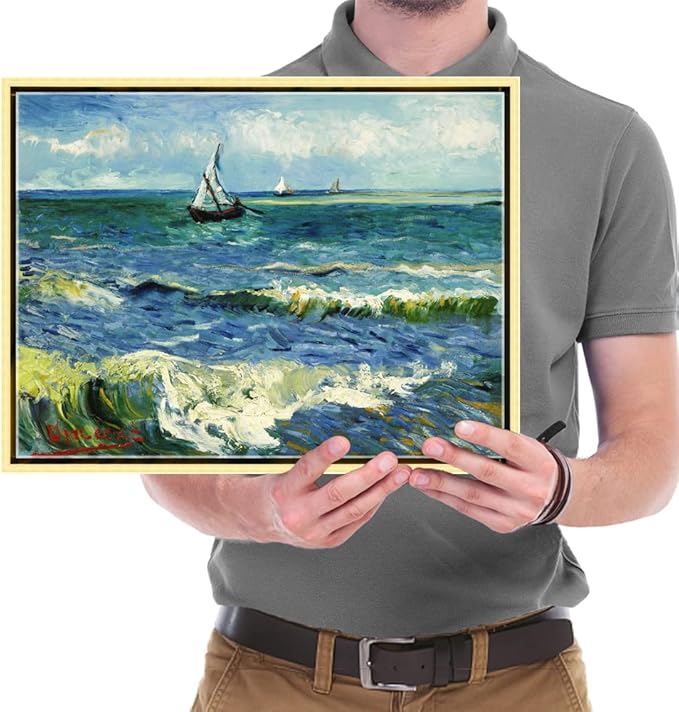Wieco Art Framed Canvas Wall Art Seascape at Saintes Maries by Vincent Van Gogh Modern Canvas Prints Sea Pictures on Canvas Art for Living Room Home Decorations Gold Frame