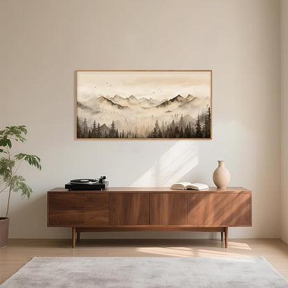 Nature Misty Forest Framed Canvas Wall Art Set, Foggy Landscape Wall Decor, Watercolor Pine Tree Wall Painting, Large Mountains Art Print for Living Room, Bedroom, Office - 20"X40"
