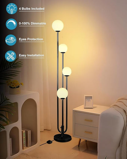 63IN 4-Light Dimmable Floor Lamp, Unique Black Tall Standing Lamps with Globe Shade &3000K Bulbs for Reading, Mid Century Modern Floor Lamp with 5Lbs Heavy Base for Living Room Bedroom Office
