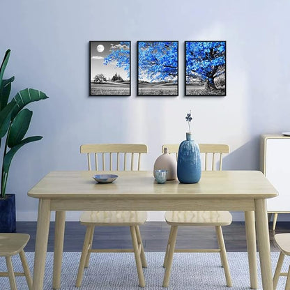 Black Framed Wall Art for Living Room & Bedroom - Blue Tree Wall Paintings, Modern Home Decor - 12"X16" Set of 3 Piece Framed Art Prints