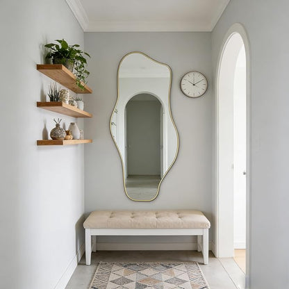 Large Irregular Mirror, 59"x25.5" Asymmetrical Frameless Mirrors, Gold Organic Shape Wall Mirrors for Living Room Bedroom Hallway Entryway, Horizontal or Vertical Hanging