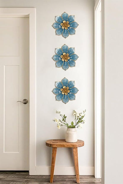 Metal Flowers Wall Decor Blue and Gold Wall Art Hanging Decorations 3 Pc Rustic Modern Floral Sculpture Wall Accent Artwork Indoor Outdoor for Bathroom Bedroom Living Room Garden Patio Porch 10 Inch