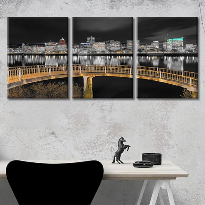 TUMOVO Ortland Oregon Downtown City Skyline Wall Art for Living Room 3 Piece Pedestrian Bridge Along Willamette River at Night Wall Decor Living Room Framed Ready to Hang (36" Wx16 H)