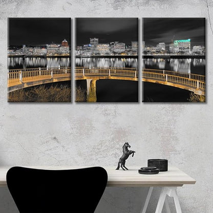 TUMOVO Ortland Oregon Downtown City Skyline Wall Art for Living Room 3 Piece Pedestrian Bridge Along Willamette River at Night Wall Decor Living Room Framed Ready to Hang (36" Wx16 H)