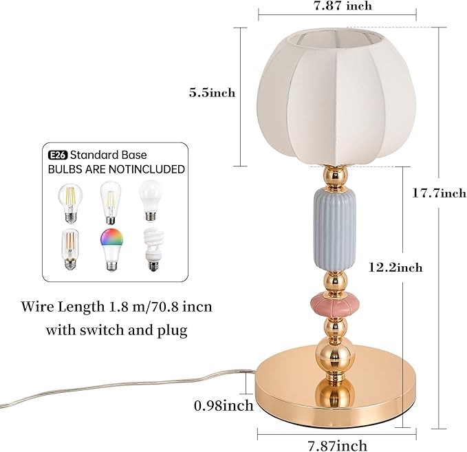 Modern Imitated Silk Table Lamp Plug in Metal Base Desk Light with Plug Cord Switch for Bedroom Bedside Living Room