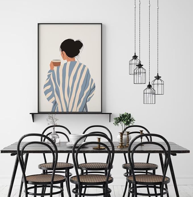 ZHBJSM Modern Minimalist Woman Wall Art Blue White Stripe Sweater Coffee Cup Soft Warm Tone Home Bedroom Living Room Kitchen Cozy Relaxed Inviting Interior Decor Accent Piece 16x24 Inch Unframed