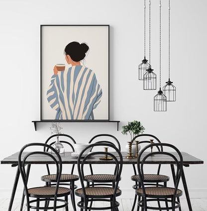 ZHBJSM Modern Minimalist Woman Wall Art Blue White Stripe Sweater Coffee Cup Soft Warm Tone Home Bedroom Living Room Kitchen Cozy Relaxed Inviting Interior Decor Accent Piece 16x24 Inch Unframed