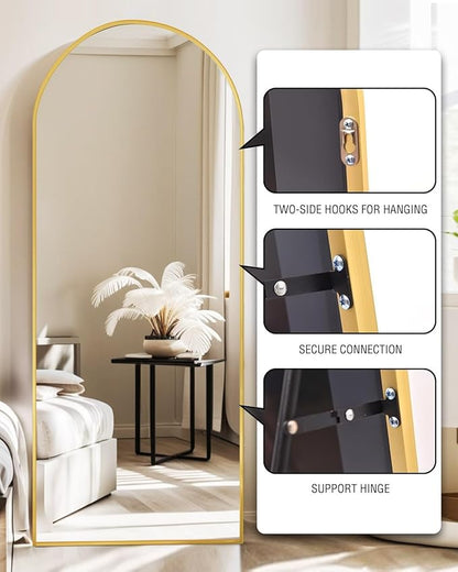 DMWOODFL 71"x26" Arched Full-Length Mirror with Explosion-Proof HD Glass - Oversized Floor or Wall-Mounted Full Body Mirror for Bedroom, Living Room, and Cloakroom (Gold)